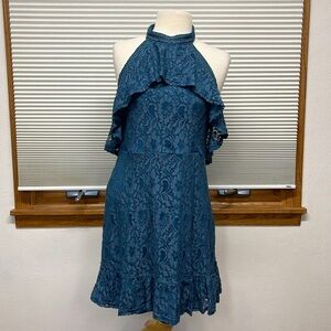 Francesca's NWT Teal Blue Lace Halter Backless Mini Dress Large